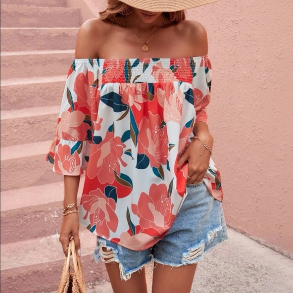 Boho Floral Print Smocked Shirred Off shoulder Top Blouse - Picture 3 of 7